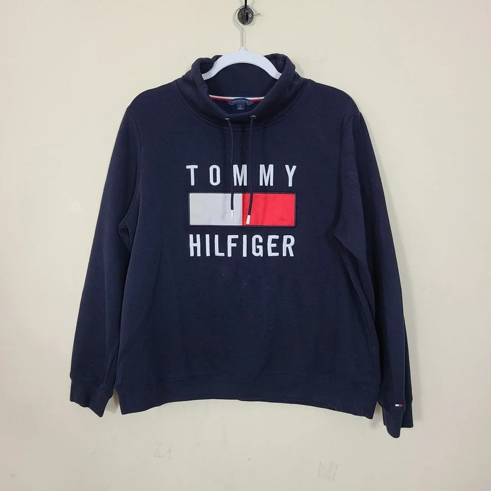 Tommy Hilfiger Hoodie Sweatshirt Womens L Navy Blue Y2K Spell Out Colorblock Red - Picture 1 of 8